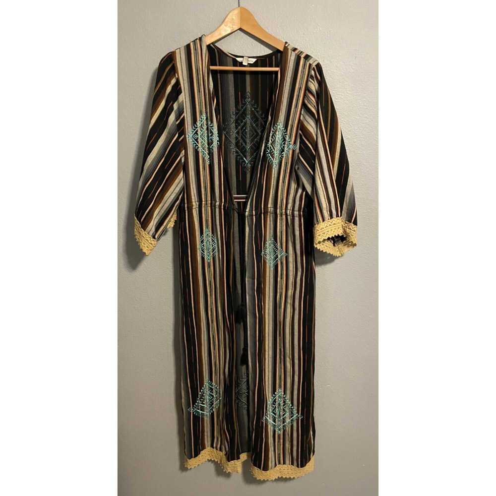 Womens Duster Kimono Medium Striped Aztec Embroidered Tassel Southwestern Boho